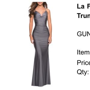 la femme strappy back ruched trumpet gown